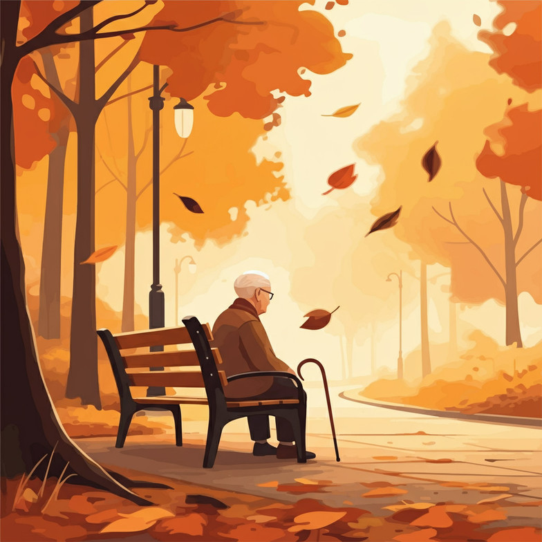 Elderly sitting on a park bench in autumn in support of suicide awarness and prevention and end-of-life counselling and grief counselling in Toronto, Ontario