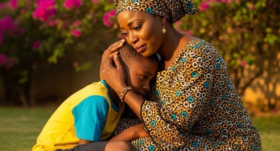 Mother and son hugging during a tender moment end-of-life doula